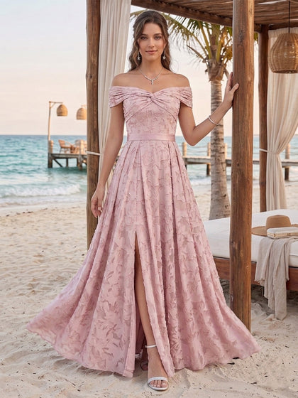 Robe de Demoiselle d'Honneur A-Ligne Épaules Dénudées Sans Manches, Fendue avec Ceinture