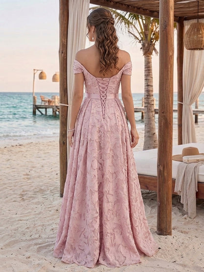 Ligne A/Princesse Hors de l'épaule Sans Manches Longueur du sol Robes de Demoiselle d'Honneur avec Côté Divisé & Ceinture