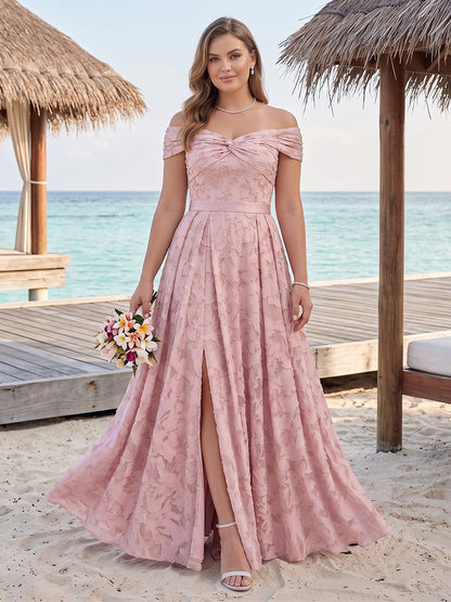 Robe de Demoiselle d'Honneur Grande Taille Ligne A/Princesse, Épaules Dénudées, Longueur Sol, Fendue sur le Côté avec Ceinture