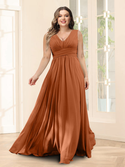 Robe de Demoiselled'Honneur Trapèze, Col en V, Sans Manches, en Mousseline, Grande Taille avec Poches