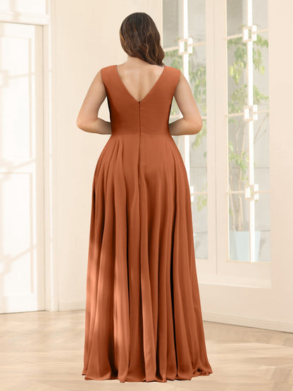 Robe de Demoiselled'Honneur Trapèze, Col en V, Sans Manches, en Mousseline, Grande Taille avec Poches