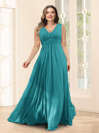 Robe de Demoiselled'Honneur Trapèze, Col en V, Sans Manches, en Mousseline, Grande Taille avec Poches