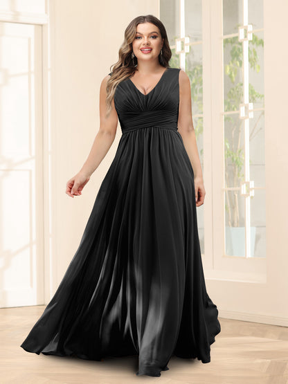 Robe de Demoiselled'Honneur Trapèze, Col en V, Sans Manches, en Mousseline, Grande Taille avec Poches