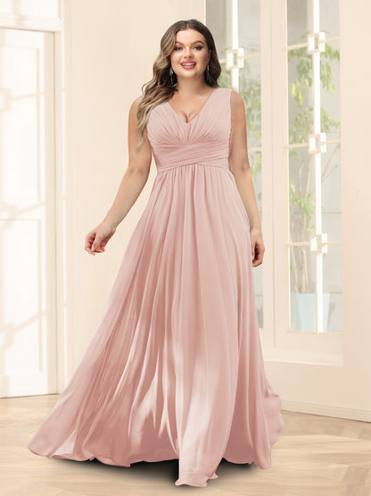 Robe de Demoiselled'Honneur Trapèze, Col en V, Sans Manches, en Mousseline, Grande Taille avec Poches
