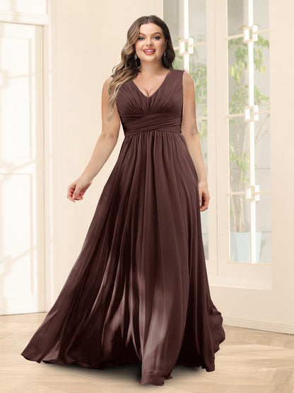 Robe de Demoiselled'Honneur Trapèze, Col en V, Sans Manches, en Mousseline, Grande Taille avec Poches