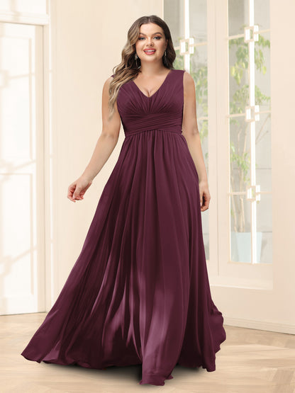 Robe de Demoiselled'Honneur Trapèze, Col en V, Sans Manches, en Mousseline, Grande Taille avec Poches