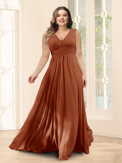 Robe de Demoiselled'Honneur Trapèze, Col en V, Sans Manches, en Mousseline, Grande Taille avec Poches