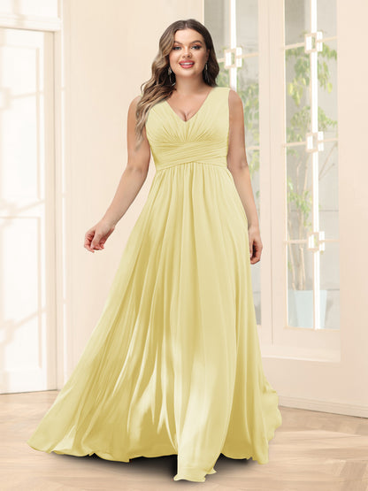 Robe de Demoiselled'Honneur Trapèze, Col en V, Sans Manches, en Mousseline, Grande Taille avec Poches
