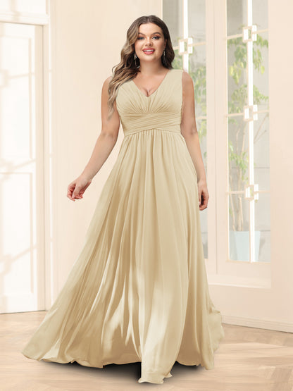 Robe de Demoiselled'Honneur Trapèze, Col en V, Sans Manches, en Mousseline, Grande Taille avec Poches