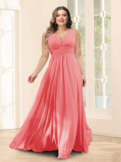 Robe de Demoiselled'Honneur Trapèze, Col en V, Sans Manches, en Mousseline, Grande Taille avec Poches