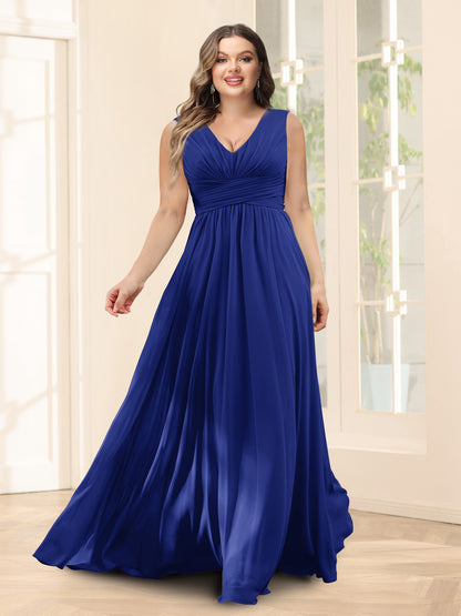 Robe de Demoiselled'Honneur Trapèze, Col en V, Sans Manches, en Mousseline, Grande Taille avec Poches