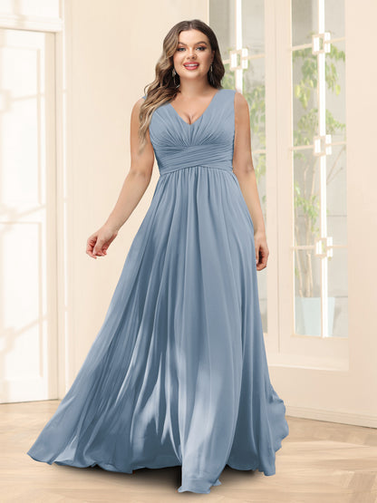 Robe de Demoiselled'Honneur Trapèze, Col en V, Sans Manches, en Mousseline, Grande Taille avec Poches