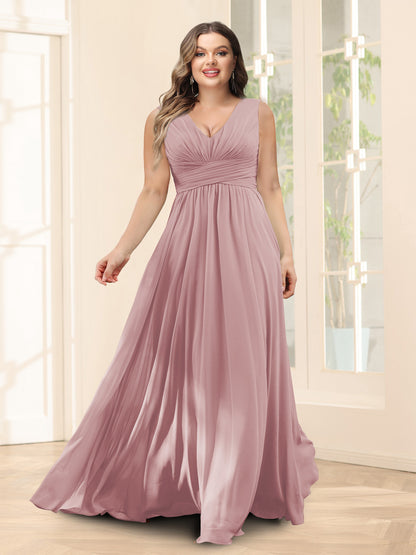 Robe de Demoiselled'Honneur Trapèze, Col en V, Sans Manches, en Mousseline, Grande Taille avec Poches