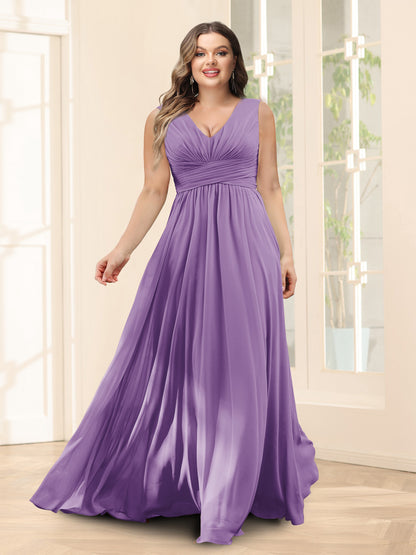 Robe de Demoiselled'Honneur Trapèze, Col en V, Sans Manches, en Mousseline, Grande Taille avec Poches