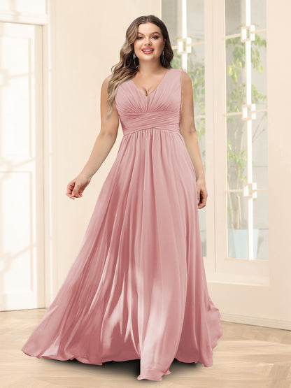 Robe de Demoiselled'Honneur Trapèze, Col en V, Sans Manches, en Mousseline, Grande Taille avec Poches