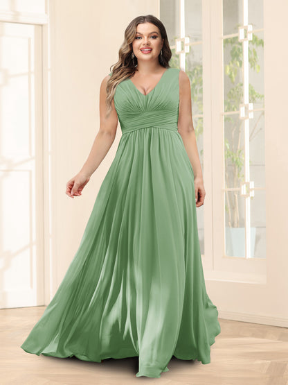 Robe de Demoiselled'Honneur Trapèze, Col en V, Sans Manches, en Mousseline, Grande Taille avec Poches