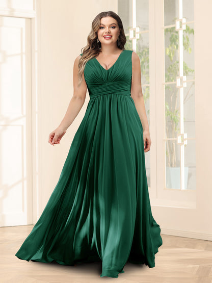 Robe de Demoiselled'Honneur Trapèze, Col en V, Sans Manches, en Mousseline, Grande Taille avec Poches
