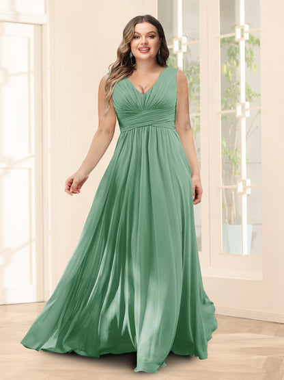 Robe de Demoiselled'Honneur Trapèze, Col en V, Sans Manches, en Mousseline, Grande Taille avec Poches