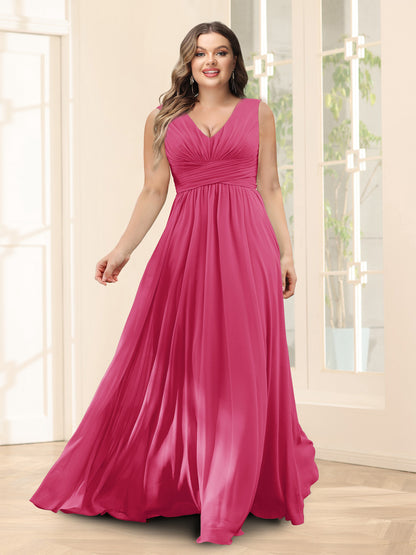 Robe de Demoiselled'Honneur Trapèze, Col en V, Sans Manches, en Mousseline, Grande Taille avec Poches