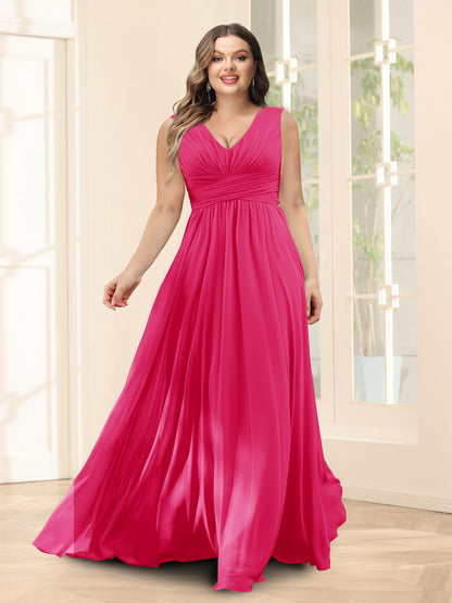 Robe de Demoiselled'Honneur Trapèze, Col en V, Sans Manches, en Mousseline, Grande Taille avec Poches
