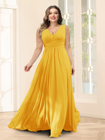 Robe de Demoiselled'Honneur Trapèze, Col en V, Sans Manches, en Mousseline, Grande Taille avec Poches