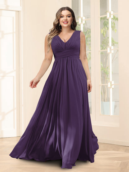 Robe de Demoiselled'Honneur Trapèze, Col en V, Sans Manches, en Mousseline, Grande Taille avec Poches