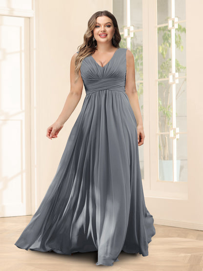 Robe de Demoiselled'Honneur Trapèze, Col en V, Sans Manches, en Mousseline, Grande Taille avec Poches