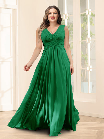 Robe de Demoiselled'Honneur Trapèze, Col en V, Sans Manches, en Mousseline, Grande Taille avec Poches