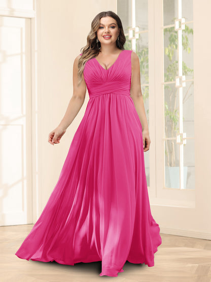 Robe de Demoiselled'Honneur Trapèze, Col en V, Sans Manches, en Mousseline, Grande Taille avec Poches
