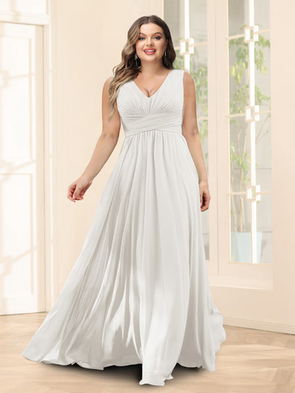 Robe de Demoiselled'Honneur Trapèze, Col en V, Sans Manches, en Mousseline, Grande Taille avec Poches