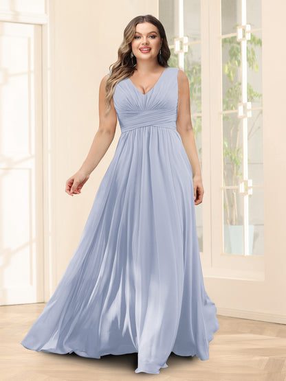 Robe de Demoiselled'Honneur Trapèze, Col en V, Sans Manches, en Mousseline, Grande Taille avec Poches