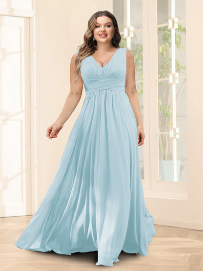 Robe de Demoiselled'Honneur Trapèze, Col en V, Sans Manches, en Mousseline, Grande Taille avec Poches