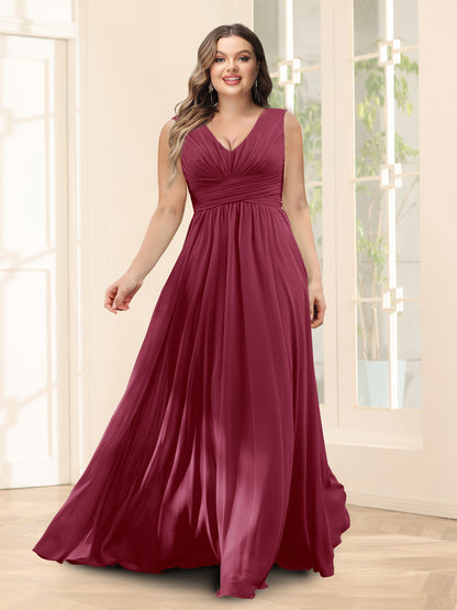 Robe de Demoiselled'Honneur Trapèze, Col en V, Sans Manches, en Mousseline, Grande Taille avec Poches