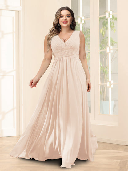 Robe de Demoiselled'Honneur Trapèze, Col en V, Sans Manches, en Mousseline, Grande Taille avec Poches