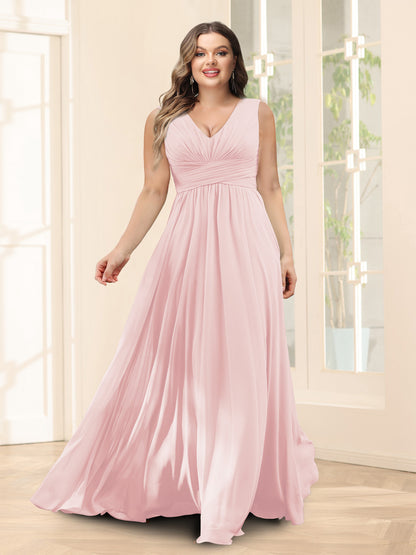 Robe de Demoiselled'Honneur Trapèze, Col en V, Sans Manches, en Mousseline, Grande Taille avec Poches