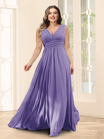 Robe de Demoiselled'Honneur Trapèze, Col en V, Sans Manches, en Mousseline, Grande Taille avec Poches