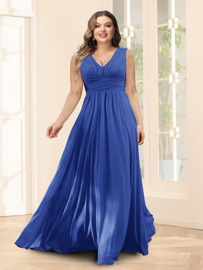 Robe de Demoiselled'Honneur Trapèze, Col en V, Sans Manches, en Mousseline, Grande Taille avec Poches