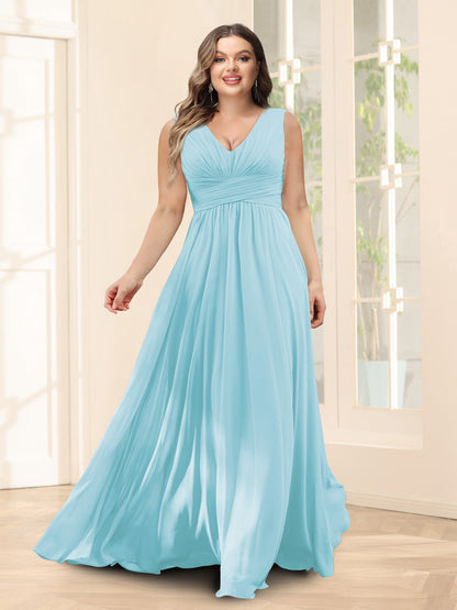 Robe de Demoiselled'Honneur Trapèze, Col en V, Sans Manches, en Mousseline, Grande Taille avec Poches
