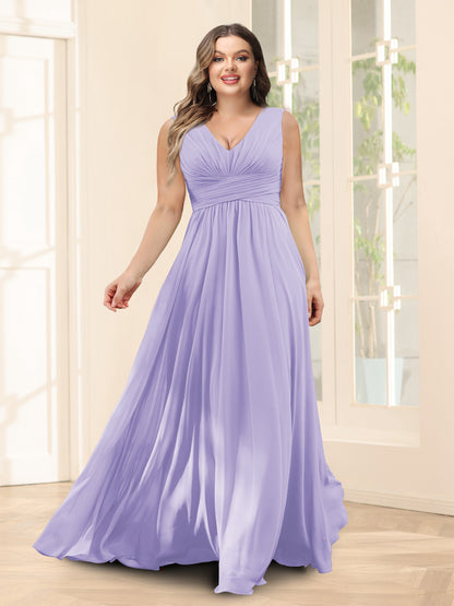 Robe de Demoiselled'Honneur Trapèze, Col en V, Sans Manches, en Mousseline, Grande Taille avec Poches