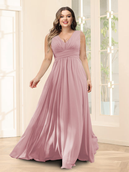 Robe de Demoiselled'Honneur Trapèze, Col en V, Sans Manches, en Mousseline, Grande Taille avec Poches