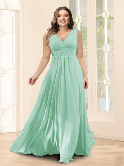 Robe de Demoiselled'Honneur Trapèze, Col en V, Sans Manches, en Mousseline, Grande Taille avec Poches