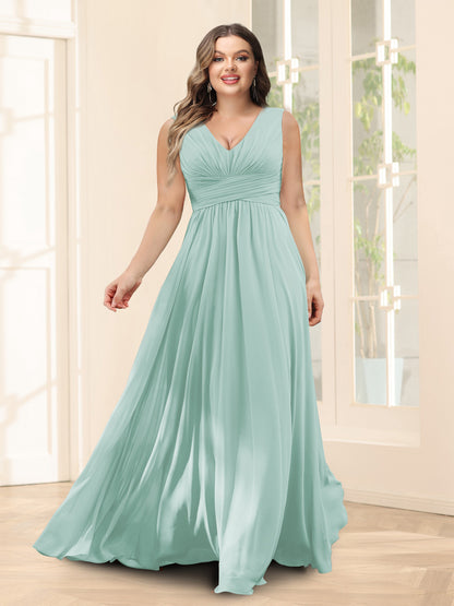 Robe de Demoiselled'Honneur Trapèze, Col en V, Sans Manches, en Mousseline, Grande Taille avec Poches