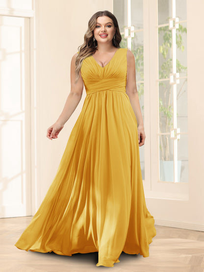 Robe de Demoiselled'Honneur Trapèze, Col en V, Sans Manches, en Mousseline, Grande Taille avec Poches