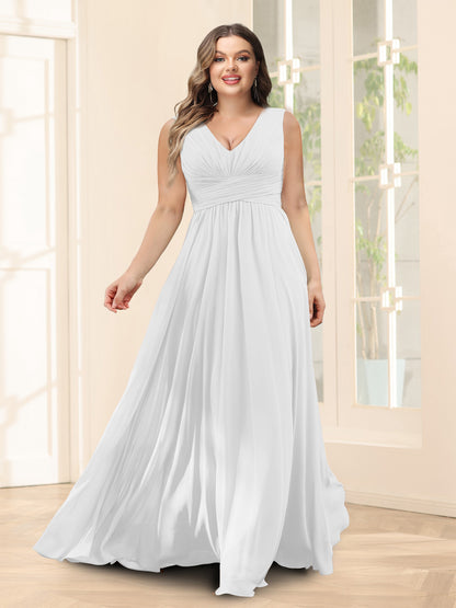 Robe de Demoiselled'Honneur Trapèze, Col en V, Sans Manches, en Mousseline, Grande Taille avec Poches