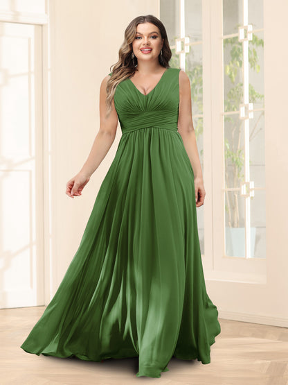Robe de Demoiselled'Honneur Trapèze, Col en V, Sans Manches, en Mousseline, Grande Taille avec Poches