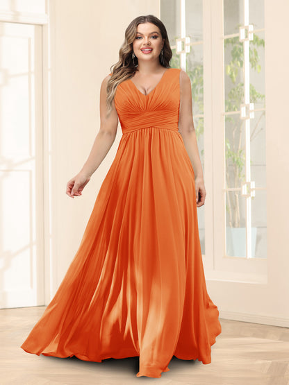 Robe de Demoiselled'Honneur Trapèze, Col en V, Sans Manches, en Mousseline, Grande Taille avec Poches