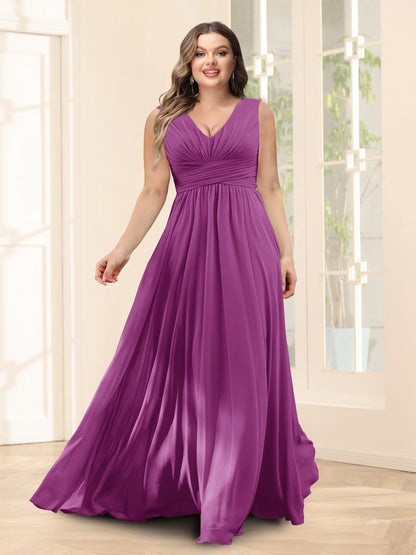 Robe de Demoiselled'Honneur Trapèze, Col en V, Sans Manches, en Mousseline, Grande Taille avec Poches