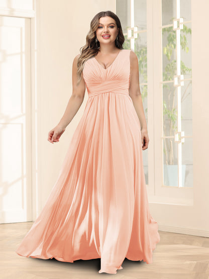 Robe de Demoiselled'Honneur Trapèze, Col en V, Sans Manches, en Mousseline, Grande Taille avec Poches