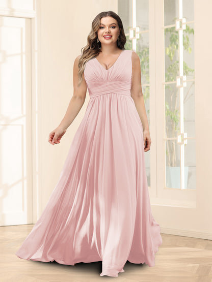 Robe de Demoiselled'Honneur Trapèze, Col en V, Sans Manches, en Mousseline, Grande Taille avec Poches