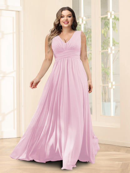 Robe de Demoiselled'Honneur Trapèze, Col en V, Sans Manches, en Mousseline, Grande Taille avec Poches